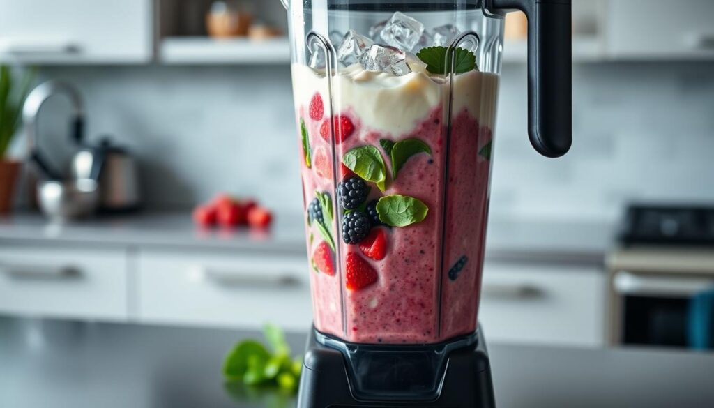 A professional-grade blender stands ready on a sleek, modern kitchen counter, its blades gleaming under crisp, directional lighting. The carafe is filled with fresh, vibrant ingredients - leafy greens, ripe berries, creamy yogurt - waiting to be expertly blended into a nutrient-dense, smooth-as-silk smoothie. The blender's powerful motor whirs to life, its spinning blades churning the mixture into a mesmerizing vortex, effortlessly breaking down the ingredients to release their full flavors and nutritional benefits. Crushed ice cubes glisten, creating a frosty, frothy texture that is both visually appealing and refreshing on the palate. The overall scene conveys a sense of culinary mastery, where technique and attention to detail elevate a simple smoothie into a healthy, delightful indulgence. A professional-grade blender stands ready on a sleek, modern kitchen counter, its blades gleaming under crisp, directional lighting. The carafe is filled with fresh, vibrant ingredients - leafy greens, ripe berries, creamy yogurt - waiting to be expertly blended into a nutrient-dense, smooth-as-silk smoothie. The blender's powerful motor whirs to life, its spinning blades churning the mixture into a mesmerizing vortex, effortlessly breaking down the ingredients to release their full flavors and nutritional benefits. Crushed ice cubes glisten, creating a frosty, frothy texture that is both visually appealing and refreshing on the palate. The overall scene conveys a sense of culinary mastery, where technique and attention to detail elevate a simple smoothie into a healthy, delightful indulgence.