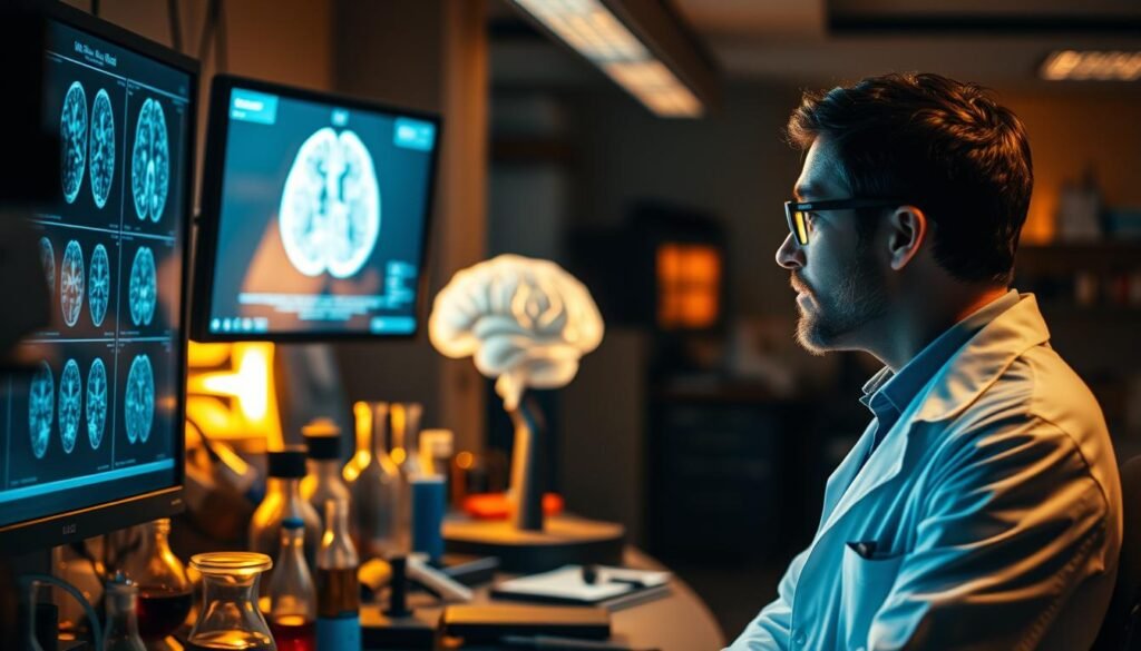A research laboratory, dimly lit with warm, focused lighting. In the foreground, a scientist in a white lab coat examines a brain scan displayed on a high-resolution monitor. Surrounding them, various scientific instruments and equipment, including beakers, test tubes, and computer terminals, suggest an in-depth study of the dopamine system. In the middle ground, an anatomical model of the human brain, subtly illuminated, serves as the centerpiece of the scene. The background is slightly blurred, hinting at a larger, bustling laboratory environment, where other researchers collaborate and explore the intricacies of the brain's reward and motivation pathways. The overall atmosphere is one of deep concentration, scientific inquiry, and the pursuit of understanding the complex dynamics of dopamine and its role in human behavior.