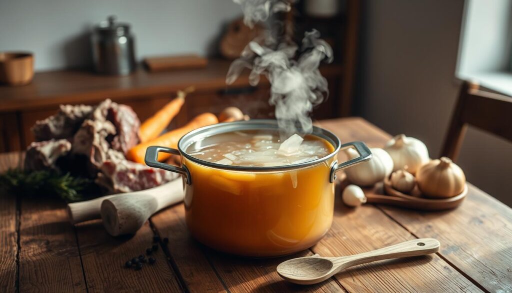 A rustic wooden table, the centerpiece a steaming pot of bone broth. The liquid simmers, releasing a savory aroma. Surrounding the pot, an array of ingredients - beef bones, carrots, onions, garlic, peppercorns. A wooden spoon rests nearby, ready to stir the simmering elixir. The lighting is warm and natural, casting a soft glow over the scene. In the background, a simple, minimalist kitchen, suggesting a focus on the essentials of this nourishing process. The overall mood is one of homey comfort and the honest simplicity of traditional food preparation. A rustic wooden table, the centerpiece a steaming pot of bone broth. The liquid simmers, releasing a savory aroma. Surrounding the pot, an array of ingredients - beef bones, carrots, onions, garlic, peppercorns. A wooden spoon rests nearby, ready to stir the simmering elixir. The lighting is warm and natural, casting a soft glow over the scene. In the background, a simple, minimalist kitchen, suggesting a focus on the essentials of this nourishing process. The overall mood is one of homey comfort and the honest simplicity of traditional food preparation.