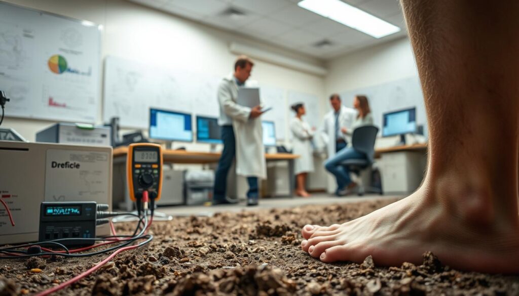 A scientific laboratory setting with researchers studying the effects of earthing. In the foreground, a person's bare feet are connected to the ground via conductive wires, while a voltmeter and other measuring instruments monitor the electrical activity. In the middle ground, researchers examine data on computer screens and discuss their findings. The background features diagrams, charts, and scientific equipment, creating an atmosphere of academic rigor and exploration. Soft, natural lighting illuminates the scene, emphasizing the connection between the human body and the earth's electric field. A scientific laboratory setting with researchers studying the effects of earthing. In the foreground, a person's bare feet are connected to the ground via conductive wires, while a voltmeter and other measuring instruments monitor the electrical activity. In the middle ground, researchers examine data on computer screens and discuss their findings. The background features diagrams, charts, and scientific equipment, creating an atmosphere of academic rigor and exploration. Soft, natural lighting illuminates the scene, emphasizing the connection between the human body and the earth's electric field.