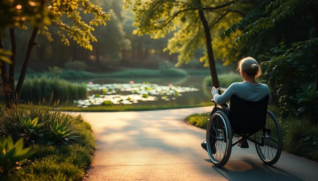 A serene, accessible walking meditation scene. In the foreground, a person in a wheelchair navigates a smooth, paved path surrounded by lush greenery. Warm, diffused lighting casts a peaceful glow. The middle ground features a tranquil pond with floating lotus blossoms. In the background, a gentle forest canopy provides dappled shade. The atmosphere evokes a sense of calm, mindfulness, and inclusivity, inviting all to participate in the meditative experience.
