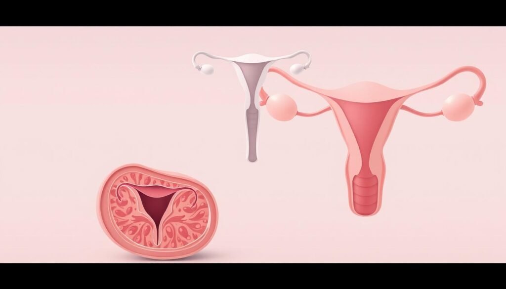 A serene, anatomical illustration of the female menstrual cycle, depicted through a soft, pastel color palette. In the foreground, a cross-section of the uterus showcases the cyclical changes in the endometrium, shedding and regenerating in sync with the ovarian follicles. In the middle ground, a stylized ovary reveals the dynamic interplay of hormones, ovulation, and corpus luteum formation. The background features a minimalist, almost architectural representation of the fallopian tubes, their delicate structures guiding the journey of the egg. The overall mood is one of scientific understanding and bodily awareness, inviting the viewer to appreciate the intricate workings of the female reproductive system.