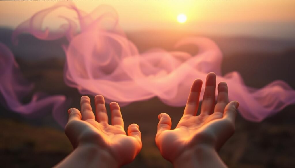 A serene and luminous scene of Reiki energy, captured through the lens of a vintage film camera. In the foreground, a pair of delicate hands emanate a soft, golden glow, the fingers gently outstretched as if channeling the universal life force. The middle ground features a swirling, ethereal mist, tinged with hues of lavender and indigo, representing the unseen yet palpable energy that Reiki practitioners believe to permeate the world. In the background, a tranquil landscape unfolds, with rolling hills and a distant horizon bathed in the warm, diffused light of a setting sun, evoking a sense of balance, harmony, and the interconnectedness of all things.