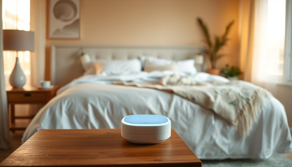 A serene and minimalist bedroom, flooded with warm natural light filtering through sheer curtains. In the foreground, a Hatch sleep-promoting device rests on a wooden nightstand, its soft ambient glow illuminating the space. The device's simple, elegant design blends seamlessly with the neutral-toned, cozy decor. In the middle ground, a plush, inviting bed with crisp white linens and a delicate floral throw beckons. The background features a neutral-toned accent wall, complemented by subtle plant life and subtle, soothing artwork. The overall scene conveys a sense of tranquility, comfort, and routine-building through the thoughtful inclusion of the Hatch device. A serene and minimalist bedroom, flooded with warm natural light filtering through sheer curtains. In the foreground, a Hatch sleep-promoting device rests on a wooden nightstand, its soft ambient glow illuminating the space. The device's simple, elegant design blends seamlessly with the neutral-toned, cozy decor. In the middle ground, a plush, inviting bed with crisp white linens and a delicate floral throw beckons. The background features a neutral-toned accent wall, complemented by subtle plant life and subtle, soothing artwork. The overall scene conveys a sense of tranquility, comfort, and routine-building through the thoughtful inclusion of the Hatch device.