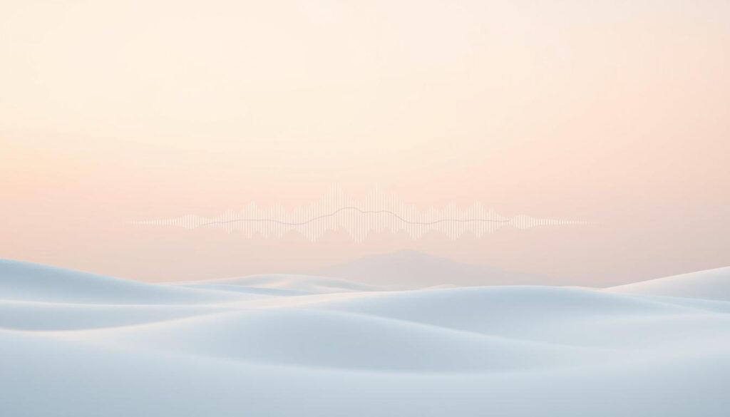 A serene and minimalist landscape depicting a frequency wave or chart, symbolizing the optimization of sleep through sound healing. The wave form floats gracefully against a soft, pastel-tinted background, subtly conveying the calming and harmonizing effects of specific frequencies on brainwaves. Diffused lighting creates a sense of tranquility, while the clean, elegant composition allows the wave pattern to be the primary focal point. The image evokes a meditative atmosphere, guiding the viewer towards the contemplation of how sound frequencies can be harnessed to enhance sleep quality and overall well-being.