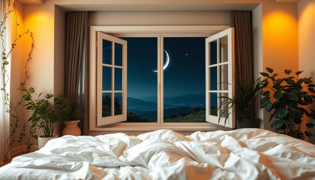 A serene and tranquil bedroom scene, bathed in warm, soft lighting that casts a comforting glow. In the foreground, a plush, inviting bed with crisp white linens and a fluffy duvet, beckoning the viewer to sink into a peaceful slumber. Surrounding the bed, delicate trailing vines and lush houseplants add a natural, soothing ambiance. In the middle ground, a pair of large, open windows frame a picturesque nighttime landscape, with a crescent moon and twinkling stars in the dark, velvety sky. The atmosphere exudes a sense of calm and relaxation, perfectly capturing the essence of restful, restorative sleep.