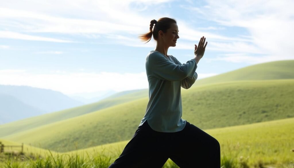 A serene and tranquil scene of a person practicing qigong in a peaceful outdoor setting. The foreground depicts a person in a flowing, graceful qigong pose, their movements captured in a soft, ethereal light. The middle ground showcases a lush, verdant landscape with gentle rolling hills, while the background features a calming blue sky with wispy clouds. The lighting is natural and diffused, creating a soothing, meditative atmosphere. The overall composition conveys the calm, mindful essence of qigong practice, encouraging the viewer to embark on this transformative journey.