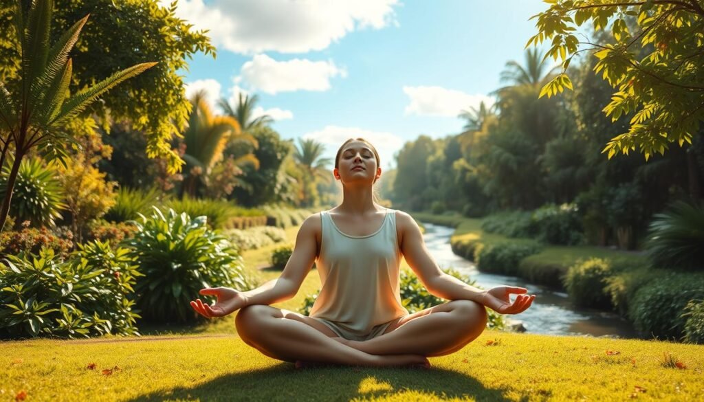 A serene and tranquil scene of a person sitting in a lotus position, their face radiating a sense of inner peace and mental clarity. The background is a lush, verdant garden, with a meandering stream and a cloudless, azure sky. Soft, warm lighting bathes the scene, creating a calming atmosphere. The person's expression is one of deep contemplation, their eyes closed in meditation, their features relaxed and composed. The overall impression is one of mental focus, emotional balance, and a profound sense of clarity and well-being. A serene and tranquil scene of a person sitting in a lotus position, their face radiating a sense of inner peace and mental clarity. The background is a lush, verdant garden, with a meandering stream and a cloudless, azure sky. Soft, warm lighting bathes the scene, creating a calming atmosphere. The person's expression is one of deep contemplation, their eyes closed in meditation, their features relaxed and composed. The overall impression is one of mental focus, emotional balance, and a profound sense of clarity and well-being.