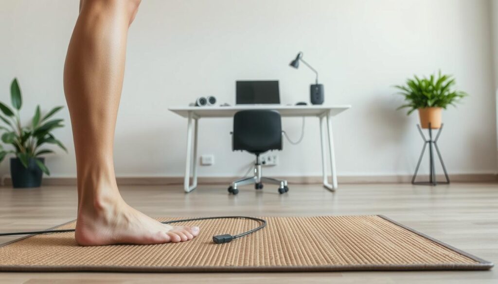 A serene and well-lit indoor scene, showcasing the essential elements of grounding safety. In the foreground, a person's bare feet are firmly planted on a natural, earth-toned conductive mat, connected to the ground via a wire. The middle ground features a sleek, minimalist desk setup, with a laptop and other devices plugged into a grounded power strip, ensuring a stable and safe electrical flow. The background depicts a calming, neutral-toned wall, evoking a sense of tranquility and focus. Soft, diffused lighting gently illuminates the scene, highlighting the importance of proper grounding and electrical safety for both personal and technological well-being. A serene and well-lit indoor scene, showcasing the essential elements of grounding safety. In the foreground, a person's bare feet are firmly planted on a natural, earth-toned conductive mat, connected to the ground via a wire. The middle ground features a sleek, minimalist desk setup, with a laptop and other devices plugged into a grounded power strip, ensuring a stable and safe electrical flow. The background depicts a calming, neutral-toned wall, evoking a sense of tranquility and focus. Soft, diffused lighting gently illuminates the scene, highlighting the importance of proper grounding and electrical safety for both personal and technological well-being.