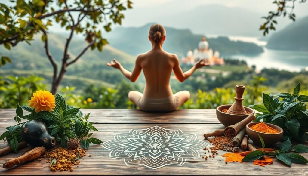 A serene ayurvedic scene with a central figure in a meditative pose surrounded by lush botanicals. In the foreground, an array of natural ingredients like ashwagandha, tulsi, and turmeric adorn a wooden table. The middle ground showcases an intricate mandala design, symbolizing the interconnectedness of mind, body, and spirit. In the background, a softly lit temple or ashram nestled amongst rolling hills and a tranquil body of water, conveying a sense of balance and harmony. The lighting is warm and diffused, creating a calming, contemplative atmosphere. The overall composition evokes the holistic, adaptogenic approach of ayurvedic medicine to regulate cortisol levels and support wellbeing. A serene ayurvedic scene with a central figure in a meditative pose surrounded by lush botanicals. In the foreground, an array of natural ingredients like ashwagandha, tulsi, and turmeric adorn a wooden table. The middle ground showcases an intricate mandala design, symbolizing the interconnectedness of mind, body, and spirit. In the background, a softly lit temple or ashram nestled amongst rolling hills and a tranquil body of water, conveying a sense of balance and harmony. The lighting is warm and diffused, creating a calming, contemplative atmosphere. The overall composition evokes the holistic, adaptogenic approach of ayurvedic medicine to regulate cortisol levels and support wellbeing.