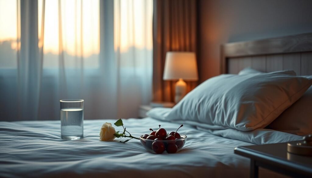 A serene bedroom at twilight, with soft, warm lighting filtering in through sheer curtains. The bed is dressed in cozy, inviting linens, with a plush pillow and a single, blooming white rose placed delicately on the sheets. On the nightstand, a glass of water and a small bowl of ripe, juicy cherries, signifying the natural sweetness that can nurture restful sleep. The atmosphere is tranquil, calming, and conducive to deep, restorative slumber, capturing the essence of a space that promotes hormonal balance and melatonin production. A serene bedroom at twilight, with soft, warm lighting filtering in through sheer curtains. The bed is dressed in cozy, inviting linens, with a plush pillow and a single, blooming white rose placed delicately on the sheets. On the nightstand, a glass of water and a small bowl of ripe, juicy cherries, signifying the natural sweetness that can nurture restful sleep. The atmosphere is tranquil, calming, and conducive to deep, restorative slumber, capturing the essence of a space that promotes hormonal balance and melatonin production.
