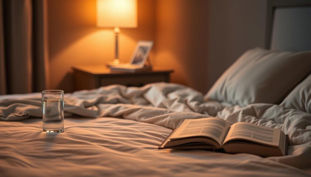 A serene bedroom with a comfortable bed in the foreground, soft bedding and pillows in calming colors. In the middle ground, a nightstand with a glass of water and a book, suggesting a relaxing bedtime routine. The background is dimly lit, with a warm, golden glow from a bedside lamp, creating a cozy, inviting atmosphere. Subtle shadows and highlights add depth and dimension, while the overall scene conveys a sense of safety, relaxation, and restful sleep.
