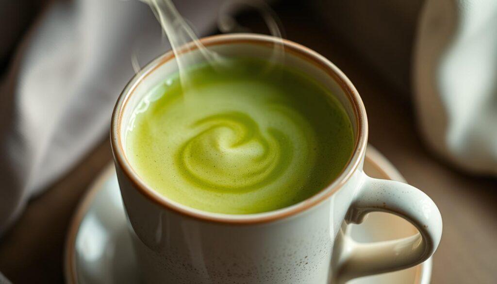 A serene, close-up shot of a ceramic mug filled with a steaming, vibrant green matcha tea. The tea's delicate, creamy foam gently swirls, revealing the subtle, earthy taste of the powdered leaves. The mug's surface is slightly reflective, mirroring the tranquil atmosphere. Soft, diffused lighting bathes the scene, creating a warm, inviting ambiance. The composition emphasizes the ritual and sensory experience of enjoying matcha, capturing the essence of its taste, texture, and meditative preparation. A serene, close-up shot of a ceramic mug filled with a steaming, vibrant green matcha tea. The tea's delicate, creamy foam gently swirls, revealing the subtle, earthy taste of the powdered leaves. The mug's surface is slightly reflective, mirroring the tranquil atmosphere. Soft, diffused lighting bathes the scene, creating a warm, inviting ambiance. The composition emphasizes the ritual and sensory experience of enjoying matcha, capturing the essence of its taste, texture, and meditative preparation.