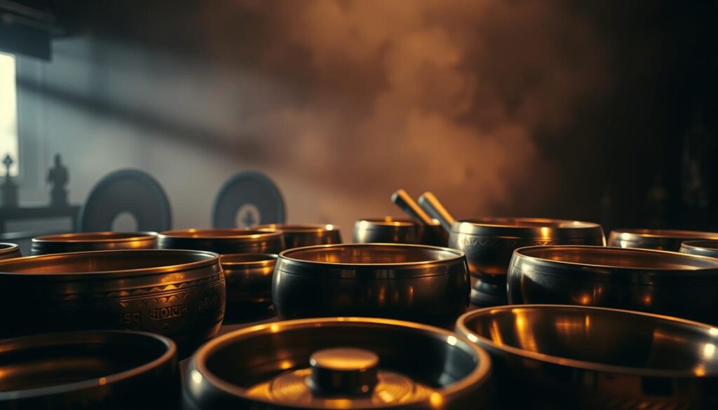 A serene composition of gongs and singing bowls in a dimly lit, atmospheric studio setting. The foreground features an array of bronze gongs and Tibetan singing bowls, their surfaces gleaming under soft, warm lighting. The middle ground showcases the intricate patterns and textures of the instruments, while the background is a hazy, out-of-focus dreamscape, evoking a sense of tranquility and meditation. The lighting is subdued, casting gentle shadows and highlights, creating a contemplative, meditative mood. The camera angle is slightly elevated, providing a comprehensive view of the scene, inviting the viewer to immerse themselves in the soothing, resonant tones of these ancient healing instruments.