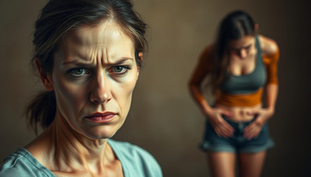 A serene, contemplative scene depicting the signs of hormonal imbalance in women. In the foreground, a woman's face reflects an expression of unease, with furrowed brows and a pensive gaze. Her skin has a slight paleness, and her eyes are surrounded by dark circles, hinting at fatigue. In the middle ground, the woman's torso is shown, with her hands resting on her lower abdomen, suggesting cramping or discomfort. The background is a tranquil, earthy tone, creating a sense of introspection and personal reflection. The lighting is soft and diffused, casting gentle shadows and highlighting the woman's features. The overall atmosphere is one of quiet observation, inviting the viewer to empathize with the subtle yet significant signs of hormonal imbalance.