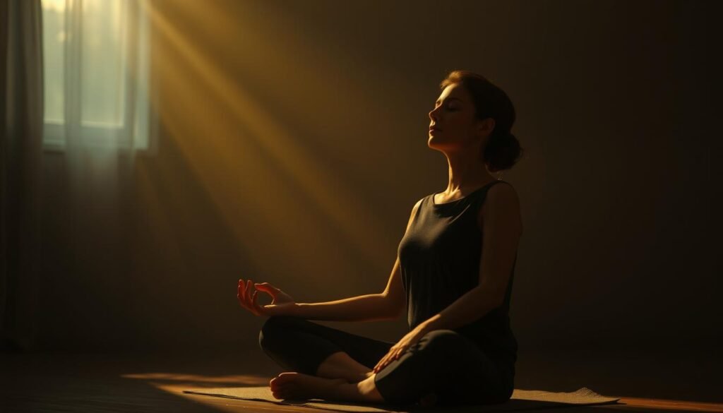A serene, dimly lit room with a person sitting cross-legged in a meditative pose, their eyes closed and their face exhibiting a sense of tranquility. The background is blurred, creating a soft, hazy atmosphere that emphasizes the subject's focus. Gentle rays of warm, diffused light emanate from an unseen source, casting a calming glow on the meditator's face and hands. The scene conveys a sense of inner stillness, concentration, and a deep connection with the present moment.