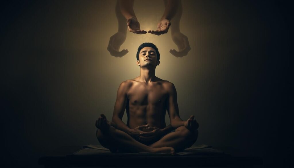 A serene, dimly lit scene depicting the effects of reiki healing on pain, anxiety, and emotional distress. In the foreground, a person sits cross-legged, their face expressing a sense of tranquility and relief as they receive a reiki treatment, the practitioner's hands hovering gently above their body. Hazy, muted colors and soft lighting create an atmosphere of calm and introspection. In the background, abstract, swirling energy patterns symbolize the unseen forces of reiki, subtly radiating from the central figure. The overall composition conveys the soothing, restorative power of this ancient healing practice.