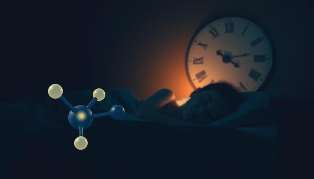 A serene, dimly lit scene depicting the interplay of melatonin and the human circadian rhythm. In the foreground, a stylized illustration of the melatonin molecule, its molecular structure glowing softly. In the middle ground, a sleeping figure rests peacefully, their face illuminated by a soft, warm light that evokes the natural cycle of day and night. The background features a stylized representation of the 24-hour circadian clock, its hands subtly moving to indicate the passage of time. The overall atmosphere is one of tranquility and scientific understanding, capturing the essence of the section title "Sleep Science That Makes This Work: Hormones, Stages, and Your Circadian Rhythm".
