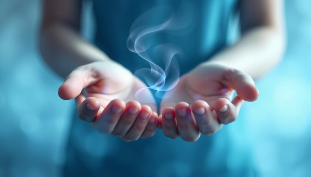 A serene, ethereal energy field radiating from the palms of hands in a calming, blue-hued atmosphere. Subtle wisps of translucent, iridescent energy flow and swirl, creating a sense of harmony and healing. Soft, diffused lighting gently illuminates the scene, casting a peaceful, meditative glow. The background is a hazy, blurred expanse of tranquility, allowing the focal energy to take center stage. The composition is balanced, with the hands positioned centrally to draw the viewer's attention to the restorative power of Reiki.