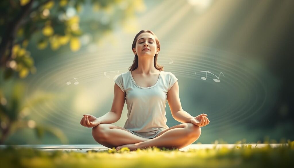 A serene, ethereal image showcasing the benefits of sound therapy. In the foreground, a person sits cross-legged, eyes closed, immersed in a meditative pose, their face radiating a sense of profound relaxation. Gently swirling soundwaves emanate from the person, creating a soothing, undulating pattern that fills the middle ground. In the background, a tranquil, nature-inspired setting with soft, diffused lighting creates a calming ambiance, reflecting the restorative power of sound on the mind and body. The overall composition conveys a sense of harmony, inner peace, and the research-backed benefits of sound therapy, including relaxation, reduced tension, and deeper sleep.