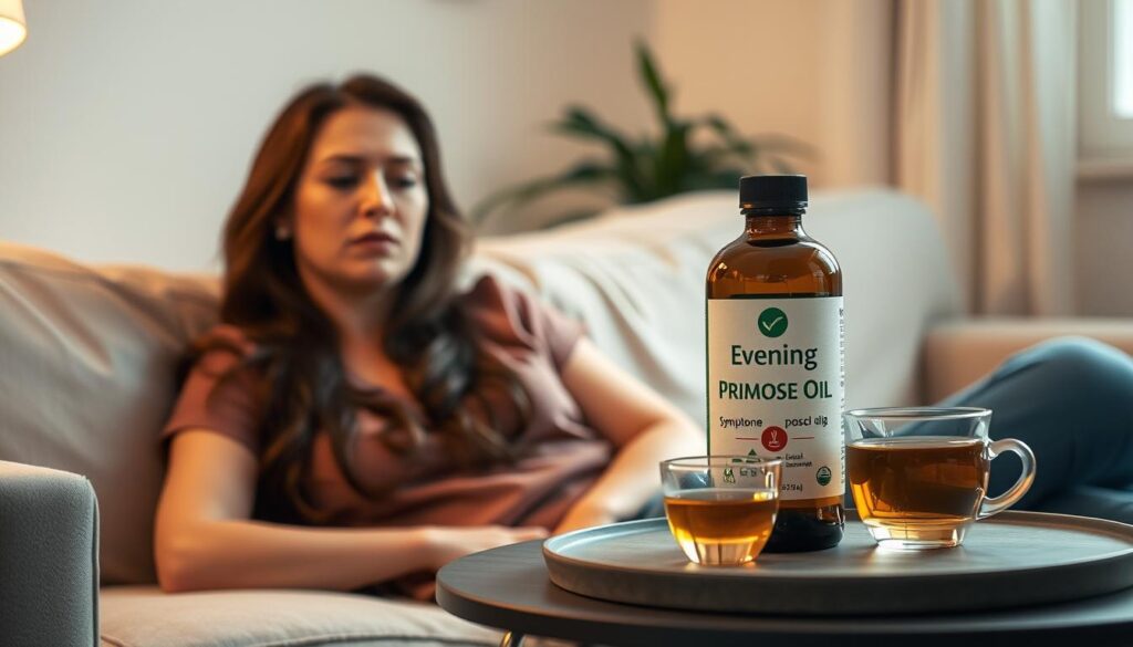 A serene evening scene depicting the symptoms of evening primrose oil consumption. In the foreground, a woman rests on a comfortable couch, her expression peaceful yet slightly weary. Soft, warm lighting bathes the scene, creating a sense of tranquility. In the middle ground, a table holds a bottle of evening primrose oil and a cup of herbal tea, symbolizing the natural remedy. The background is a cozy, domestic interior, with muted colors and gentle textures, conveying a sense of comfort and self-care. The overall atmosphere is one of subtle relief, as the woman experiences the gradual alleviation of her PMS symptoms through the use of this natural supplement.