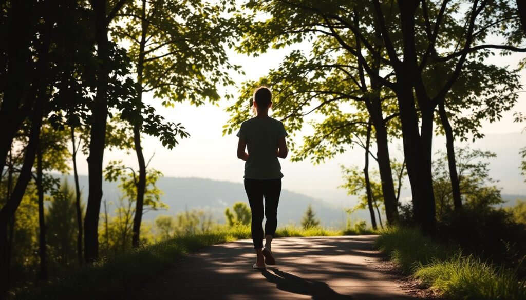 A serene figure strolls along a meandering path, their steps deliberate and grounded. The foreground depicts a tranquil forest setting, with sunlight filtering through the lush canopy above, casting a warm, diffused glow. In the middle ground, the person's silhouette is captured in a meditative pose, their gaze inward, as they immerse themselves in the present moment. The background features a distant landscape, perhaps a rolling hillside or a distant body of water, blending seamlessly into the horizon. The overall atmosphere is one of calm contemplation, inviting the viewer to experience the restorative power of walking meditation.