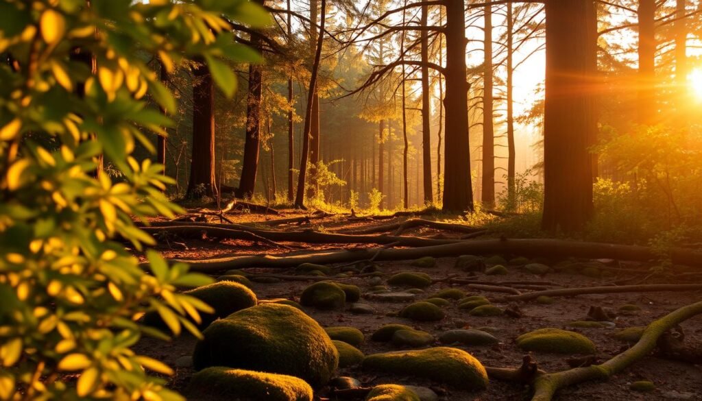 A serene forest clearing bathed in warm, golden-hour light. Lush, verdant foliage in the foreground frames a peaceful scene, inviting the viewer to slow down and connect with the natural world. Moss-covered stones and fallen branches create a grounded, tactile surface underfoot, while the canopy of towering trees overhead filters the sunlight, casting a gentle, soothing glow. The atmosphere is one of tranquility and mindfulness, encouraging the observer to pause, breathe, and find a sense of grounding and inner peace amidst the beauty of the natural landscape.
