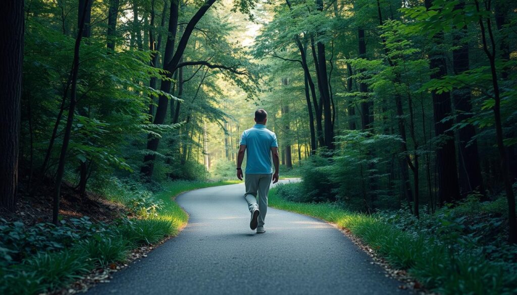 A serene forest setting, with lush greenery and a winding path leading the way. A person walking calmly, their stride purposeful yet relaxed, as they immerse themselves in the tranquility of their surroundings. Soft, warm lighting filters through the canopy, casting a gentle glow on the scene. The atmosphere is one of introspection and inner peace, inviting the viewer to experience the restorative power of a 'mental health walk'. Crisp, high-resolution details capture the nuances of the natural environment and the individual's contemplative expression. A tranquil, uplifting scene that embodies the benefits of this mindful approach to well-being.
