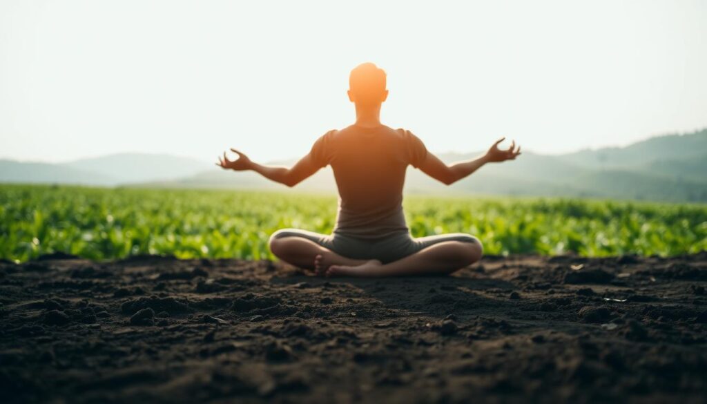 A serene, grounded environment showcasing the connection between a person and the earth. In the foreground, a person sitting in a meditative pose, their bare feet firmly rooted on the ground, exuding a sense of calm and balance. The middle ground features a lush, verdant landscape with a soft, natural light filtering through, creating a warm, earthy atmosphere. In the background, rolling hills or a simple horizon line, reinforcing the idea of being grounded and connected to the natural world. The overall mood is one of tranquility, focus, and a deep sense of physical and emotional grounding. A serene, grounded environment showcasing the connection between a person and the earth. In the foreground, a person sitting in a meditative pose, their bare feet firmly rooted on the ground, exuding a sense of calm and balance. The middle ground features a lush, verdant landscape with a soft, natural light filtering through, creating a warm, earthy atmosphere. In the background, rolling hills or a simple horizon line, reinforcing the idea of being grounded and connected to the natural world. The overall mood is one of tranquility, focus, and a deep sense of physical and emotional grounding.