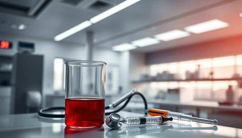 A serene medical laboratory setting, illuminated by soft, diffused lighting. In the foreground, a glass beaker filled with a vibrant, crimson liquid - a symbolic representation of blood safety. The middle ground features a stethoscope, a syringe, and other clinical instruments, meticulously arranged, conveying a sense of professionalism and care. The background showcases a panoramic view of a modern, well-equipped hospital, with clean lines and a sterile, yet inviting atmosphere. The overall composition exudes a sense of reassurance, highlighting the importance of responsible medical practices and the safety of blood-related procedures.