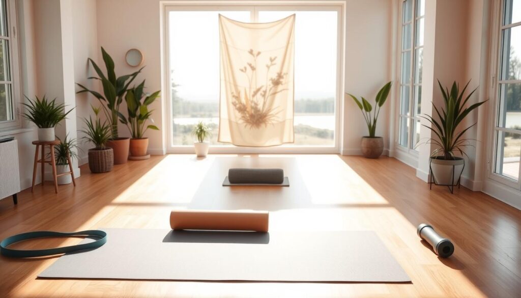 A serene, minimalist home gym setup with natural lighting streaming through large windows. In the foreground, a yoga mat lies on a hardwood floor, surrounded by simple exercise equipment like a resistance band, foam roller, and a small set of dumbbells. In the middle ground, a calming, abstract painting or tapestry hangs on the wall, complementing the tranquil atmosphere. The background features potted plants and a view of a peaceful, outdoor landscape, conveying a sense of balance and harmony. The overall scene exudes a soothing, restorative energy, perfect for a calming movement plan to support nighttime stretching. A serene, minimalist home gym setup with natural lighting streaming through large windows. In the foreground, a yoga mat lies on a hardwood floor, surrounded by simple exercise equipment like a resistance band, foam roller, and a small set of dumbbells. In the middle ground, a calming, abstract painting or tapestry hangs on the wall, complementing the tranquil atmosphere. The background features potted plants and a view of a peaceful, outdoor landscape, conveying a sense of balance and harmony. The overall scene exudes a soothing, restorative energy, perfect for a calming movement plan to support nighttime stretching.