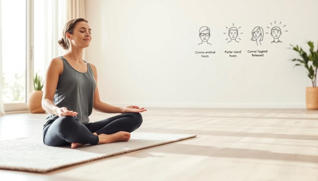 A serene, minimalist scene depicting the benefits of trauma-informed yoga. In the foreground, a person sits cross-legged on a soft, textured rug, performing a gentle, restorative pose with eyes closed, their expression peaceful and grounded. The middle ground showcases a soothing, neutral-toned studio space, with natural light filtering in through large windows. In the background, simple line art illustrations depict common emotional hotspots being targeted and released through the practice. The overall atmosphere is calming, therapeutic, and conducive to healing.
