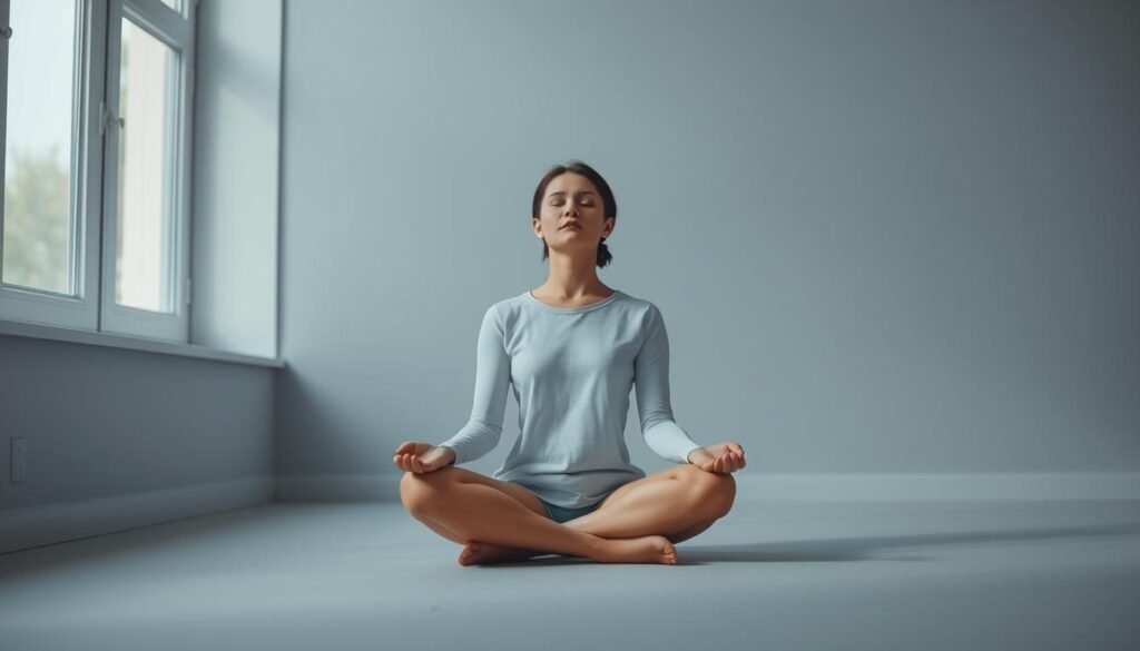 A serene, minimalist scene of a person sitting cross-legged in a tranquil, softly lit room, their eyes closed in deep contemplation. The background is a muted, calming palette of muted grays and blues, creating a sense of stillness and focus. Soft, diffuse lighting filters through a large window, casting gentle shadows and highlighting the person's serene expression. The composition is balanced and uncluttered, emphasizing the meditative state of the subject. The overall atmosphere evokes a sense of introspection, calm, and a retreat from the distractions of the outside world.
