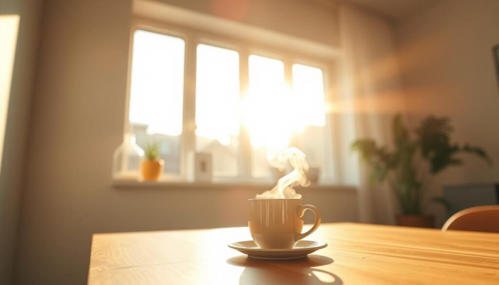 A serene morning scene of bright, natural light flooding through a large window, illuminating a minimalist workspace with a wooden desk, potted plant, and a cup of steaming coffee. The warm, golden glow casts a sense of calm and focus, while the crisp, clean lines of the modern decor create an airy, energizing atmosphere. The camera angle is slightly elevated, offering a sweeping view of the space and the inviting, sunlit tableau. The depth of field is shallow, gently blurring the background to emphasize the central elements and their connection to the light exposure. An inspiring, rejuvenating setting to jumpstart the day and boost productivity.