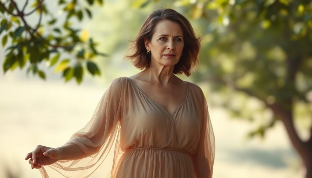 A serene, naturalistic rendering of the menopause transition. Depicted as a graceful, middle-aged woman in a flowing, sheer gown set against a softly diffused, natural light. The woman's pose is contemplative, with a hint of wistfulness, as she stands in a tranquil, pastoral scene with verdant foliage and a gentle breeze. The background is hazy, with an air of calm and introspection, emphasizing the inner emotional journey of perimenopause. Soft, muted tones create an atmosphere of quiet introspection. The overall aesthetic is one of quiet dignity and the natural passage of time.