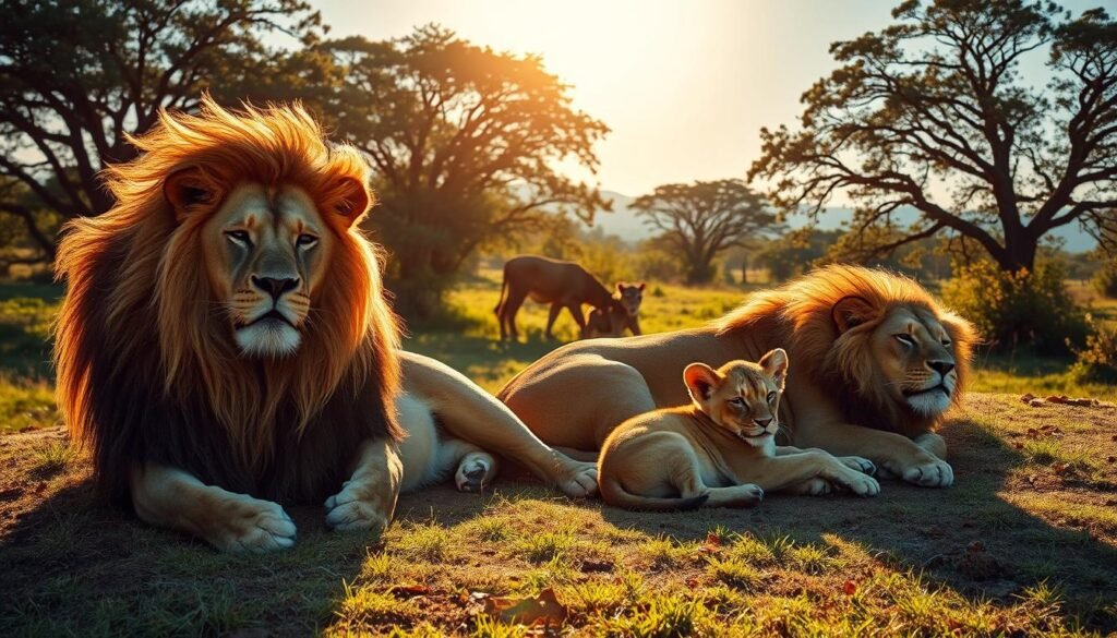 A serene nature scene with three majestic lions resting under the warm glow of the afternoon sun. In the foreground, a large male lion lounges gracefully, his regal mane flowing in the gentle breeze. In the middle ground, a lioness and her two cubs playfully nap, their content expressions capturing the essence of a lion's natural rhythm. The background features a lush, verdant landscape with towering trees and a clear blue sky, creating a tranquil and harmonious atmosphere. The lighting is soft and diffused, casting long shadows and highlighting the lions' magnificent forms. The composition is balanced and dynamic, inviting the viewer to imagine the lions' optimal daily schedule of rest, hunting, and social bonding.