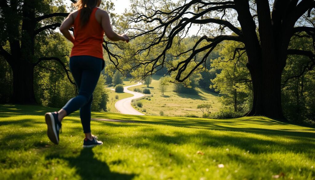 A serene outdoor scene captures the essence of "minutes pace walking." In the foreground, a person strides purposefully, their steps measured and steady, reflecting the rhythm of their mental health walk. The middle ground features a picturesque path winding through a lush, verdant landscape, inviting the viewer to join in the tranquil exploration. The background is framed by towering trees, their branches casting dappled shadows that dance across the scene, creating a sense of natural harmony. The lighting is soft and diffused, evoking a calming, reflective mood, and the camera angle is slightly elevated, allowing the viewer to gain a contemplative perspective on the scene. This image encapsulates the balance between physical activity and mental well-being, perfectly complementing the article's exploration of the "minutes, pace, and the dose that delivers" for a healthier lifestyle.