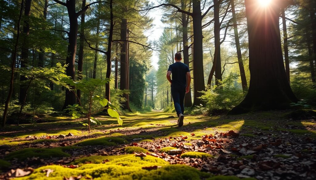 A serene outdoor scene of a person walking mindfully through a lush forest path. Dappled sunlight filters through the canopy, casting a warm, calming glow on the figure. The walker's steps are slow and deliberate, their gaze fixed on the ground ahead, fully immersed in the present moment. The forest floor is carpeted with soft moss and fallen leaves, inviting the walker to connect with the earth. Towering trees line the path, their branches swaying gently in a light breeze. An atmosphere of peace and tranquility pervades the scene, encouraging the viewer to embark on their own walking meditation journey.