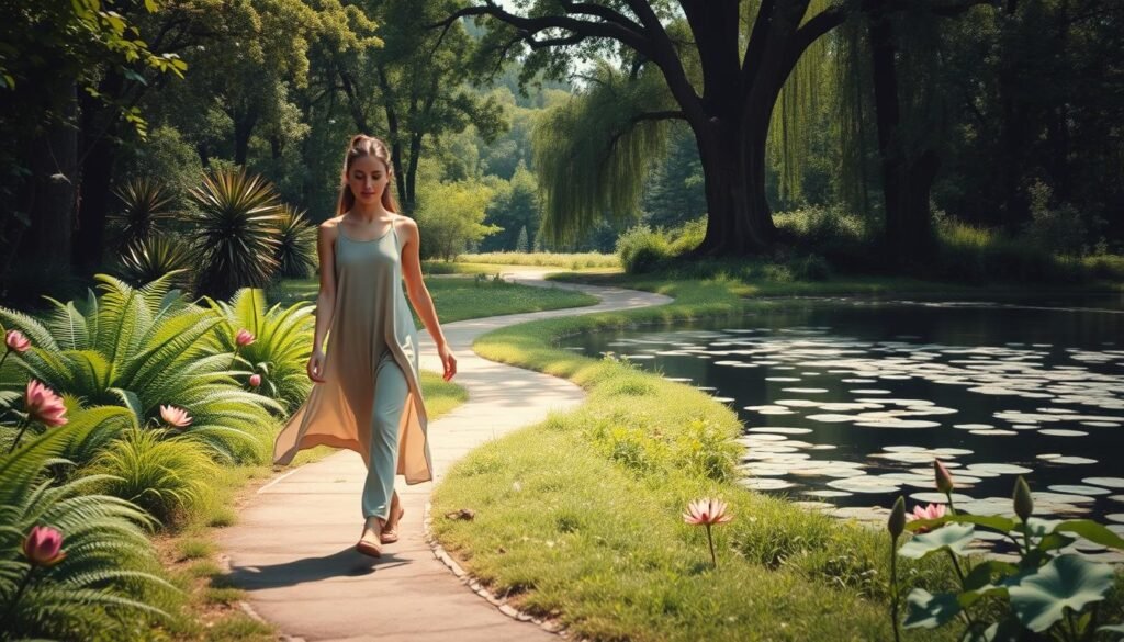 A serene outdoor scene of a person walking mindfully through a lush, verdant garden. The foreground features the person in a flowing, comfortable outfit, their gaze downcast as they take measured steps, arms relaxed by their sides. The middle ground showcases a winding path surrounded by vibrant foliage - lush ferns, blooming flowers, and towering trees casting dappled light. In the background, a tranquil pond reflects the sky, with a few floating lotus blossoms. The lighting is soft and natural, creating a calming, meditative atmosphere. The overall composition evokes a sense of inner peace, balance, and the restorative benefits of walking meditation.