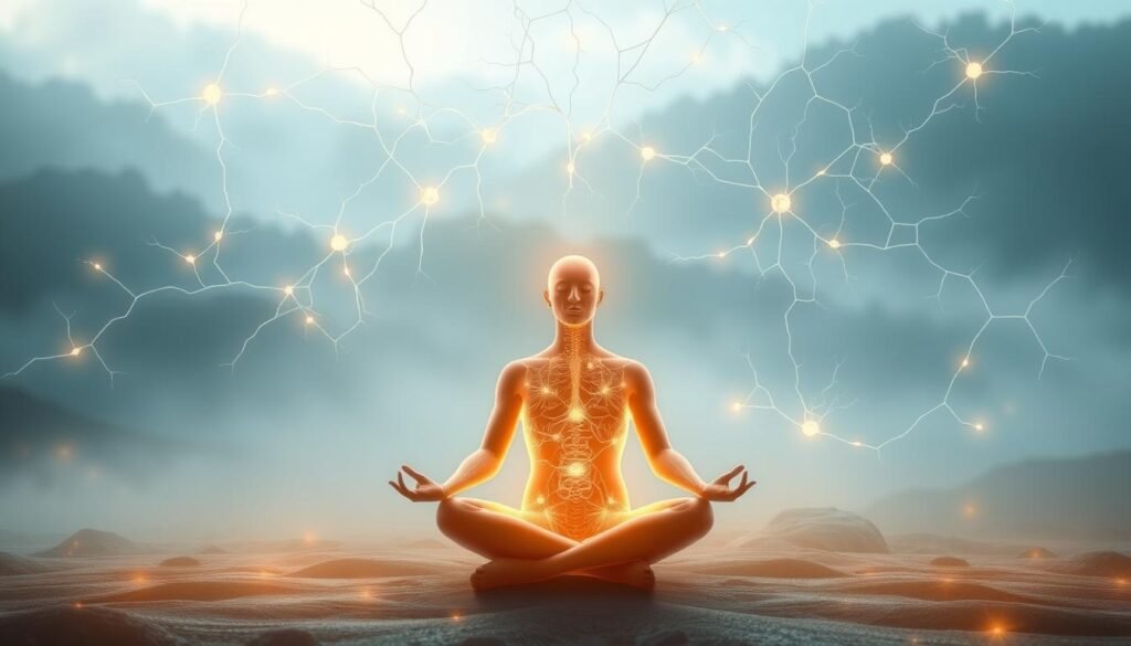 A serene, restorative scene depicting the nervous system in a state of recovery. In the foreground, a glowing, ethereal human figure sits cross-legged, engrossed in a deep, calming breath. Delicate, luminous neural pathways emanate from the figure, interconnecting to form a intricate web that fills the middle ground. In the background, a tranquil, misty landscape with soothing blues and greens provides a calming backdrop. Soft, diffused lighting casts a warm, comforting glow over the entire composition, conveying a sense of peace and balance. The overall atmosphere is one of healing, restoration, and the harmonious integration of mind and body. A serene, restorative scene depicting the nervous system in a state of recovery. In the foreground, a glowing, ethereal human figure sits cross-legged, engrossed in a deep, calming breath. Delicate, luminous neural pathways emanate from the figure, interconnecting to form a intricate web that fills the middle ground. In the background, a tranquil, misty landscape with soothing blues and greens provides a calming backdrop. Soft, diffused lighting casts a warm, comforting glow over the entire composition, conveying a sense of peace and balance. The overall atmosphere is one of healing, restoration, and the harmonious integration of mind and body.