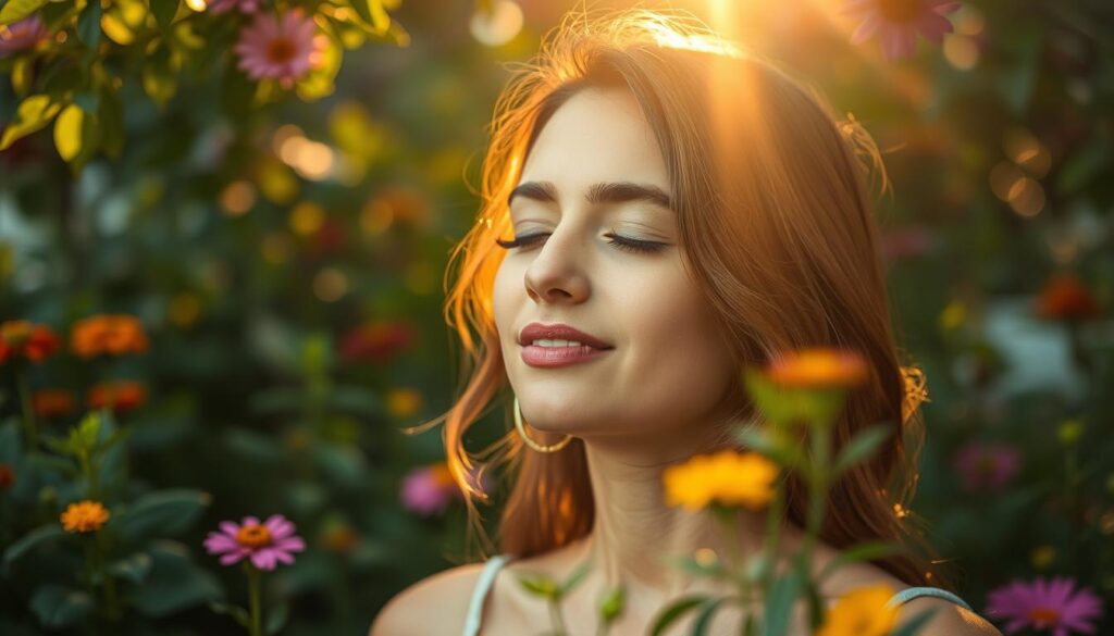 A serene, softly lit portrait of a woman in her 30s, her face radiating a harmonious glow. She is situated in a lush, verdant garden, surrounded by vibrant flowers and herbs. Delicate rays of warm, golden light filter through the canopy, casting a gentle, soothing ambiance. The woman's expression is one of tranquility and inner balance, her eyes closed as she embraces a sense of holistic well-being. In the background, a subtle, hazy blur suggests a peaceful, contemplative atmosphere, underscoring the theme of hormonal harmony and Ayurvedic wellness.