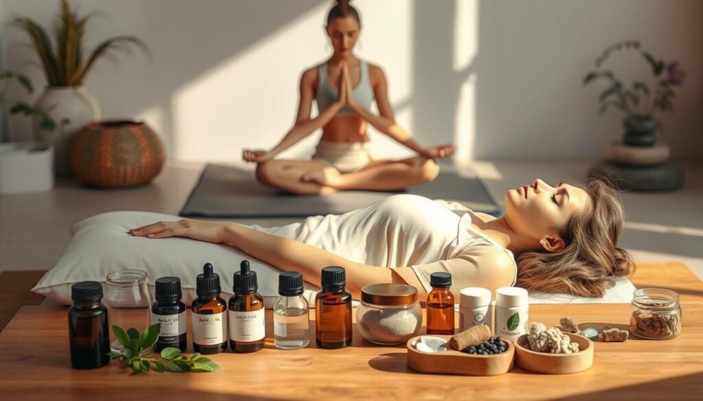 A serene, softly lit scene depicting various complementary therapies for perimenopause. In the foreground, a woman reclines on a plush cushion, her eyes closed in a state of deep relaxation as she receives an acupuncture treatment. Surrounding her, an array of herbal remedies, essential oils, and natural supplements are neatly arranged on a wooden table, casting gentle shadows. In the middle ground, a yoga practitioner moves gracefully through a restorative pose, while in the background, a meditation cushion and a soothing water feature create a calming, holistic atmosphere. The overall mood is one of balance, harmony, and a natural approach to managing the transitions of perimenopause.