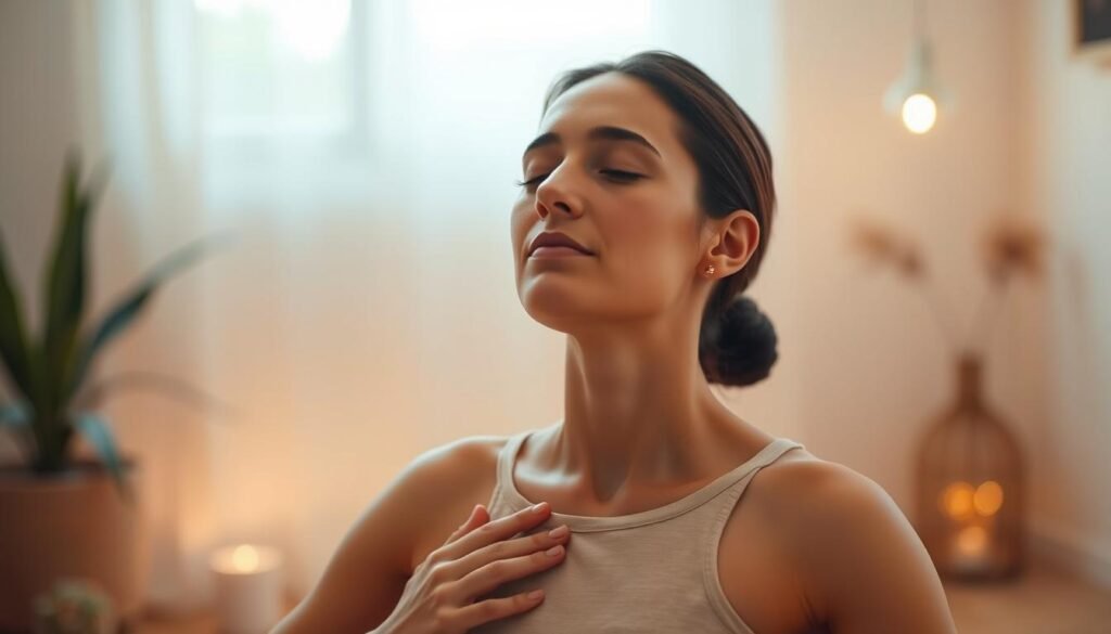 A serene, softly-lit scene of a person practicing a calming, deep-breathing exercise. The foreground features the person's upper body and face, eyes closed, expression peaceful and focused. The middle ground shows the person's hands gently resting on their lap, in a relaxed pose. The background is a tranquil, minimalist setting with soothing colors and natural elements like plants or a simple window view. Subtle lighting casts a warm, calming glow, creating an atmosphere of reduced stress and lowered blood pressure. The overall mood is one of tranquility, balance, and mindfulness. A serene, softly-lit scene of a person practicing a calming, deep-breathing exercise. The foreground features the person's upper body and face, eyes closed, expression peaceful and focused. The middle ground shows the person's hands gently resting on their lap, in a relaxed pose. The background is a tranquil, minimalist setting with soothing colors and natural elements like plants or a simple window view. Subtle lighting casts a warm, calming glow, creating an atmosphere of reduced stress and lowered blood pressure. The overall mood is one of tranquility, balance, and mindfulness.