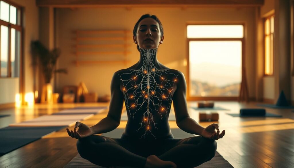 A serene studio space bathed in warm, natural lighting. In the foreground, a person seated in a cross-legged position, their eyes closed in deep meditation. Delicate filaments of the nervous system glow subtly, tracing intricate pathways across their body. In the middle ground, various yoga props and equipment - blocks, straps, and mats - arranged with intentionality, suggesting a practice focused on gentle movement and self-awareness. The background fades into a soft, blurred landscape, hinting at a connection between the internal and external worlds. An atmosphere of tranquility and mindful introspection pervades the scene.
