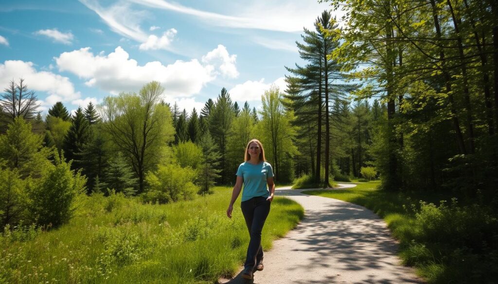 A serene, sun-dappled forest path winds through a tranquil landscape. In the foreground, a person strolls leisurely, their expression calm and mindful. Their stride is unhurried, their gaze focused inward. Wispy clouds drift overhead, casting gentle shadows on the lush, verdant foliage surrounding them. The air is crisp and clear, inviting deep, nourishing breaths. The overall atmosphere conveys a sense of peace, contemplation, and a rejuvenating reconnection with nature and the self.