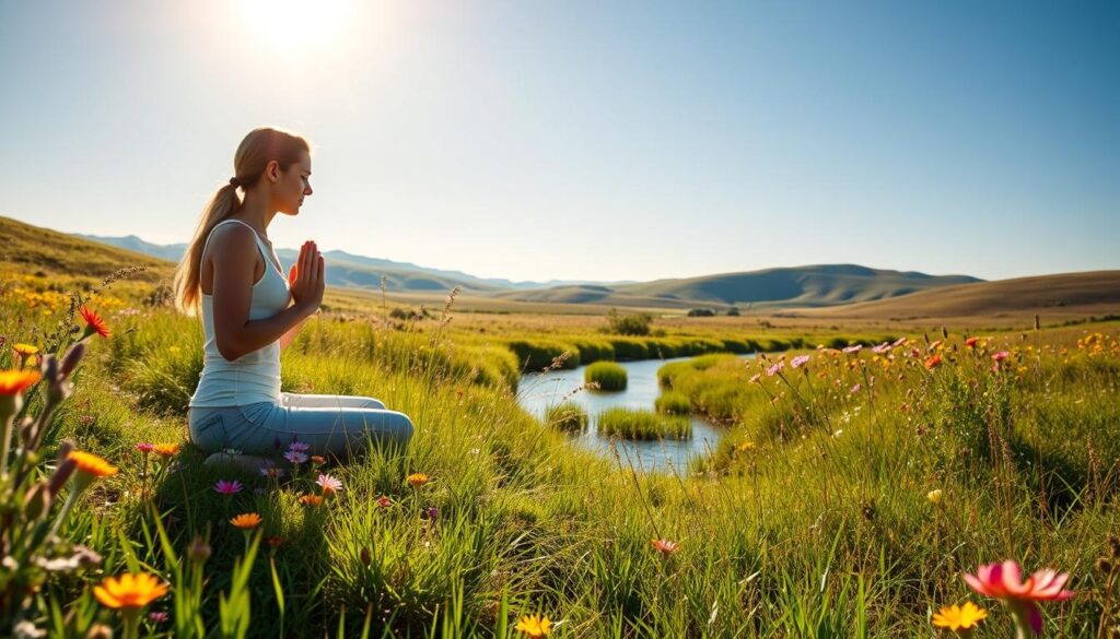A serene, sun-dappled meadow, lush with vibrant wildflowers and verdant grasses. In the foreground, a radiant figure seated in a meditative pose, hands clasped in a gesture of gratitude. Soft, warm light bathes the scene, evoking a sense of tranquility and inner peace. In the middle ground, a gentle stream meanders, its reflective surface mirroring the surrounding landscape. The background frames the scene with rolling hills and a cloudless azure sky, suggesting a peaceful, harmonious world. The overall atmosphere conveys the profound benefits of a regular gratitude practice, with a focus on mindfulness, contentment, and connection with the natural world. A serene, sun-dappled meadow, lush with vibrant wildflowers and verdant grasses. In the foreground, a radiant figure seated in a meditative pose, hands clasped in a gesture of gratitude. Soft, warm light bathes the scene, evoking a sense of tranquility and inner peace. In the middle ground, a gentle stream meanders, its reflective surface mirroring the surrounding landscape. The background frames the scene with rolling hills and a cloudless azure sky, suggesting a peaceful, harmonious world. The overall atmosphere conveys the profound benefits of a regular gratitude practice, with a focus on mindfulness, contentment, and connection with the natural world.