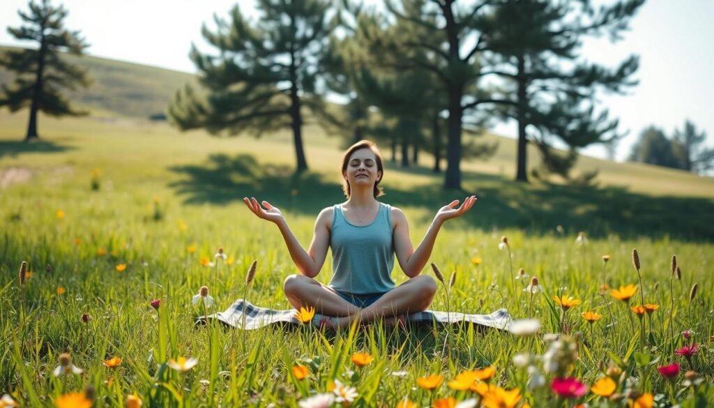 A serene, sun-dappled meadow with lush green grass and vibrant wildflowers in the foreground. In the middle ground, a person sitting cross-legged on a plaid blanket, eyes closed, palms upturned in a meditative pose, radiating a sense of tranquility and inner peace. The background features a gently rolling hillside dotted with tall trees, their branches swaying softly in a light breeze. Soft, diffused natural lighting illuminates the scene, creating a warm, calming atmosphere that invites the viewer to pause and reflect on the power of gratitude.