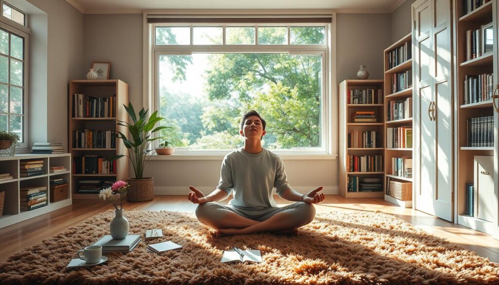 A serene, sun-dappled study filled with natural light and a sense of contemplation. In the foreground, a person sits cross-legged on a plush, earthy-toned rug, eyes closed in meditation, hands resting gently on their lap. Surrounding them, an array of inspirational objects - a small vase of fresh flowers, a journal and pen, a mug of tea. In the middle ground, bookshelves line the walls, their spines hinting at the wisdom and knowledge they contain. The background showcases a panoramic window, framing a lush, verdant garden outside, the gentle sway of trees and the flutter of birds creating a calming, restorative atmosphere. The overall scene evokes a sense of stillness, gratitude, and the intentional practice of mindfulness. A serene, sun-dappled study filled with natural light and a sense of contemplation. In the foreground, a person sits cross-legged on a plush, earthy-toned rug, eyes closed in meditation, hands resting gently on their lap. Surrounding them, an array of inspirational objects - a small vase of fresh flowers, a journal and pen, a mug of tea. In the middle ground, bookshelves line the walls, their spines hinting at the wisdom and knowledge they contain. The background showcases a panoramic window, framing a lush, verdant garden outside, the gentle sway of trees and the flutter of birds creating a calming, restorative atmosphere. The overall scene evokes a sense of stillness, gratitude, and the intentional practice of mindfulness.