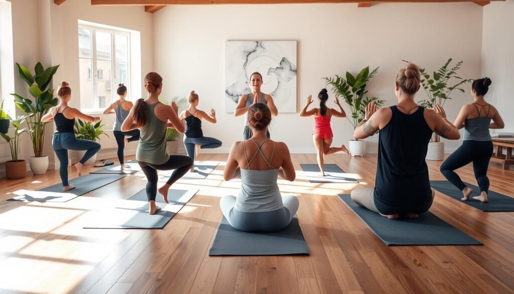 A serene, sun-drenched yoga studio with wooden floors and soft natural lighting. In the foreground, a group of beginner-level yogis perform a series of gentle, fundamental poses - mountain, tree, child's, and easy seated postures. Their movements are graceful and deliberate, guided by a tranquil, experienced instructor in the middle ground. The background features soothing, abstract artwork and lush, leafy potted plants, creating a calming, nurturing atmosphere for this introductory yoga session. A serene, sun-drenched yoga studio with wooden floors and soft natural lighting. In the foreground, a group of beginner-level yogis perform a series of gentle, fundamental poses - mountain, tree, child's, and easy seated postures. Their movements are graceful and deliberate, guided by a tranquil, experienced instructor in the middle ground. The background features soothing, abstract artwork and lush, leafy potted plants, creating a calming, nurturing atmosphere for this introductory yoga session.