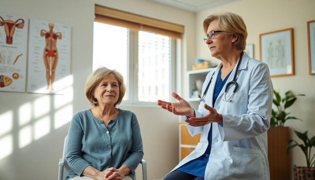 A serene, sunlit medical office, the walls adorned with anatomical diagrams and health-related artwork. In the center, a middle-aged woman sits calmly, her expression conveying a sense of wisdom and self-assurance. Beside her, a doctor in a crisp, white coat gestures warmly, discussing the long-term health benefits of navigating the menopause transition with care and proactivity. The lighting is soft, natural, and inviting, creating an atmosphere of trust and open dialogue. The overall scene radiates a sense of empowerment, knowledge, and a holistic approach to women's health during this significant life stage.
